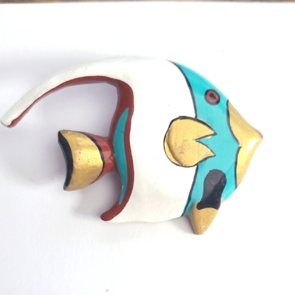 Vintage Colorful Hand-painted Wooden Angel Fish Pin